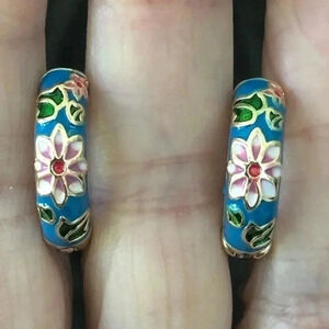 Pretty Blue & Pink Asian Inspired Painted Hoop Hinged Earrings NWT